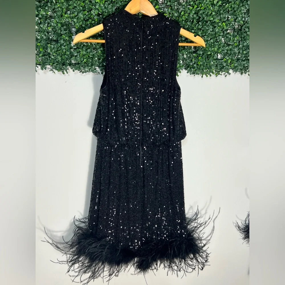 Eliza J Black Sequined Mini Cocktail Party Feather Bottom Dress Size 4 - Picture 7 of 14